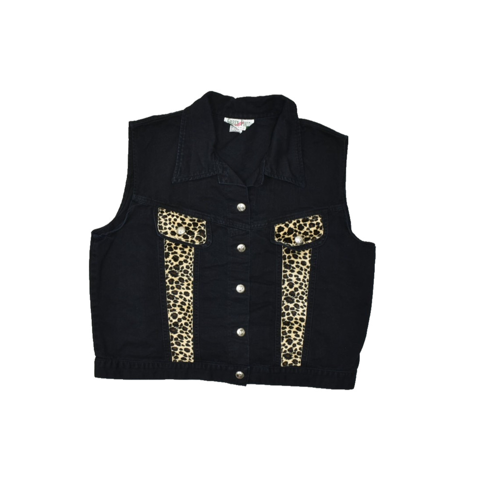 Vintage Green Field USA XL Black Denim Vest Leopard Print Sleeveless Jacket